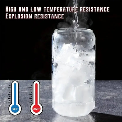 Clear glass canister from glass drinking glasses set filled with ice water showcasing high temperature resistance