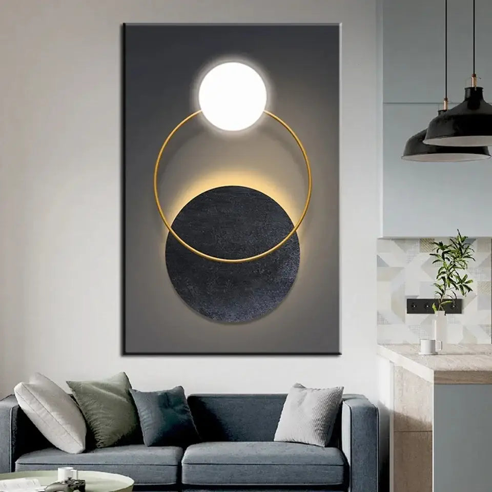 DecorBites™ abstract geometric luxury wall art with a glowing white circle on dark gray textured base framed in gold ring