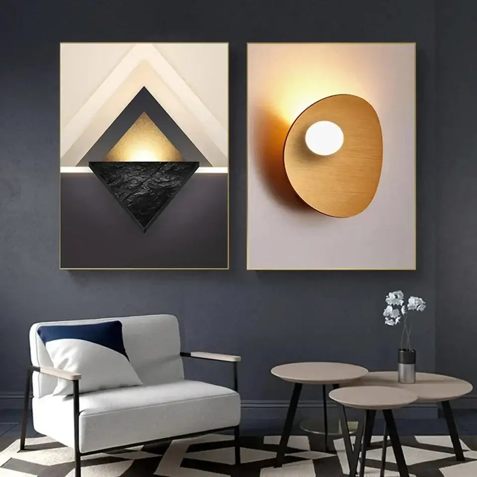 Modern minimalist wall sconce with warm circular wooden shade and white bulb paired with luxury abstract geometric wall art