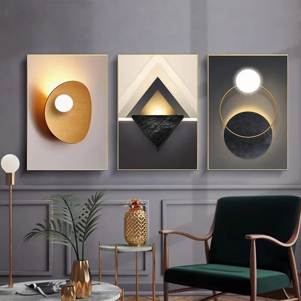 DecorBites™ abstract geometric 3-piece luxury wall art featuring gold and black designs in thin gold frames