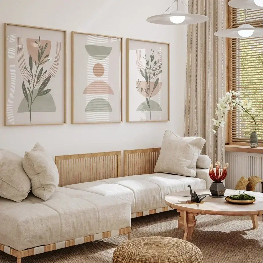 Beige linen sectional sofa with wooden slat back and woven base complementing scandinavian simple abstract wall art