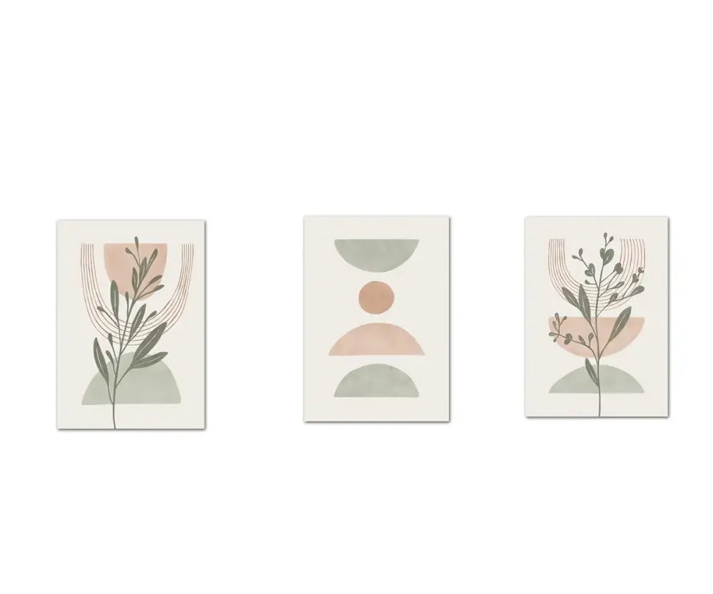 Set of three DecorBites™ abstract line leaf geometry canvas wall art featuring scandinavian simple abstract design in pastel hues