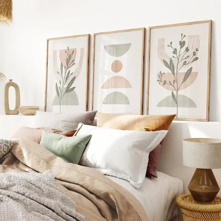 Three framed decorbites™ abstract line leaf geometry canvas wall art with muted pink green beige scandinavian simple abstract design