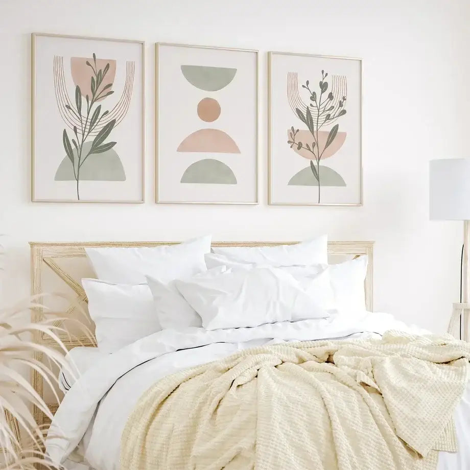 Three framed decorbites™ abstract line leaf geometry canvas wall art with muted pastel tones for simple abstract wall decor