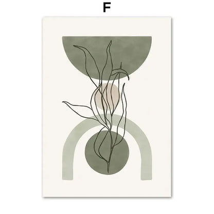 Decorbites™ abstract geometric leaves vintage boho canvas wall art featuring black line botanical stems on olive pink background