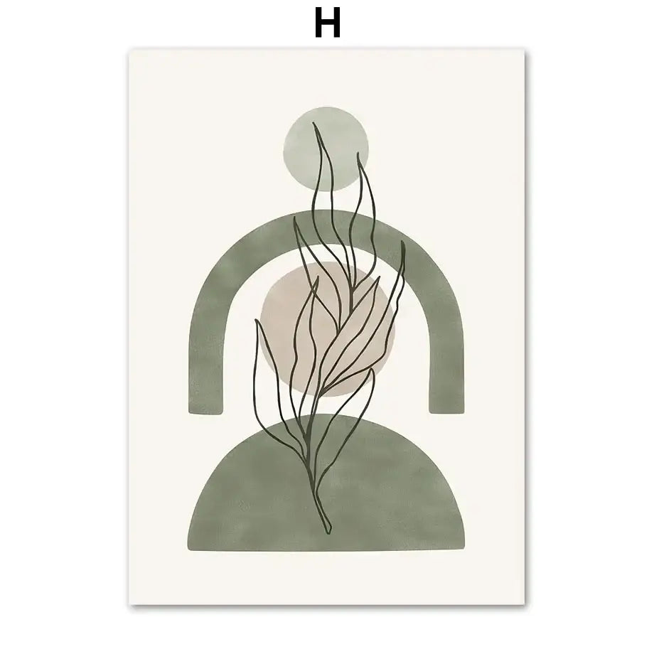 Minimalist abstract geometric wall art print with stylized leaves vintage boho in muted sage green and beige tones