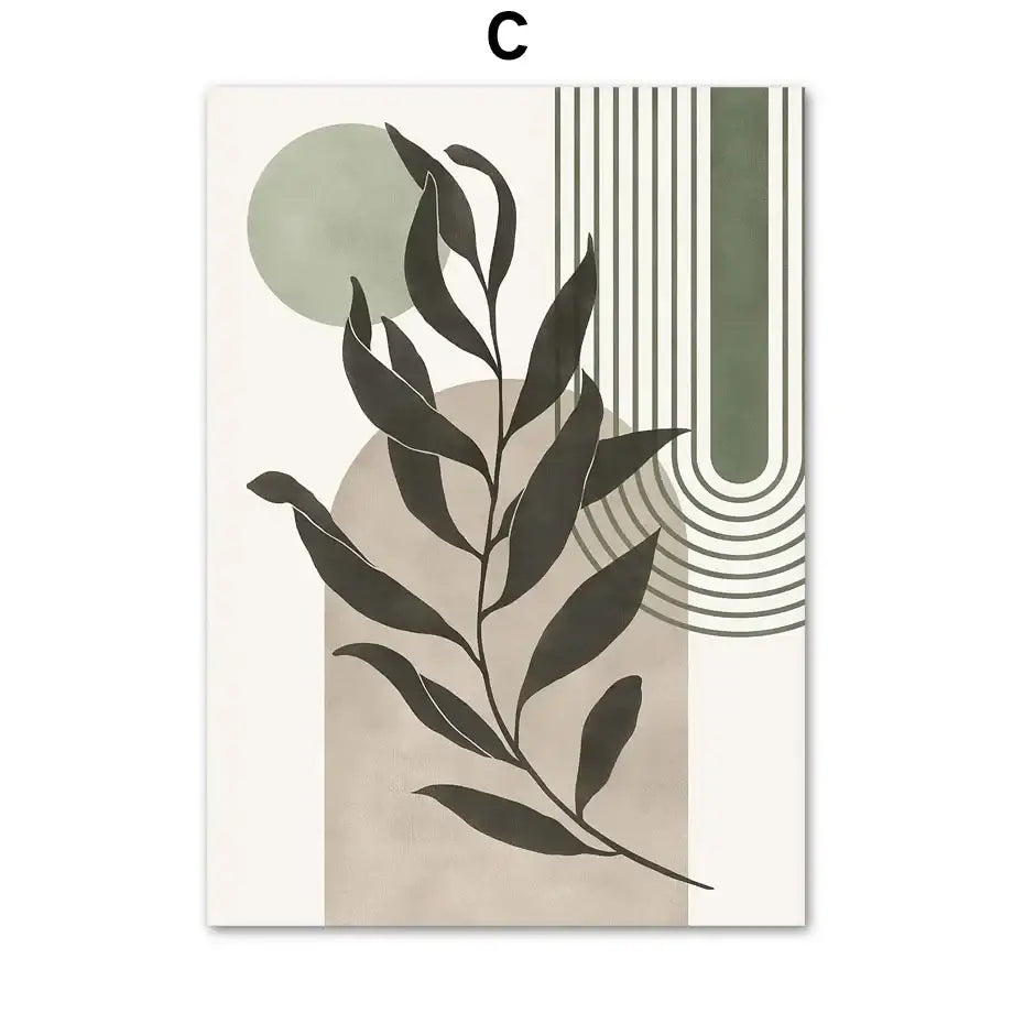 Decorbites™ abstract geometric leaves vintage boho canvas wall art with dark green branch on beige and olive background