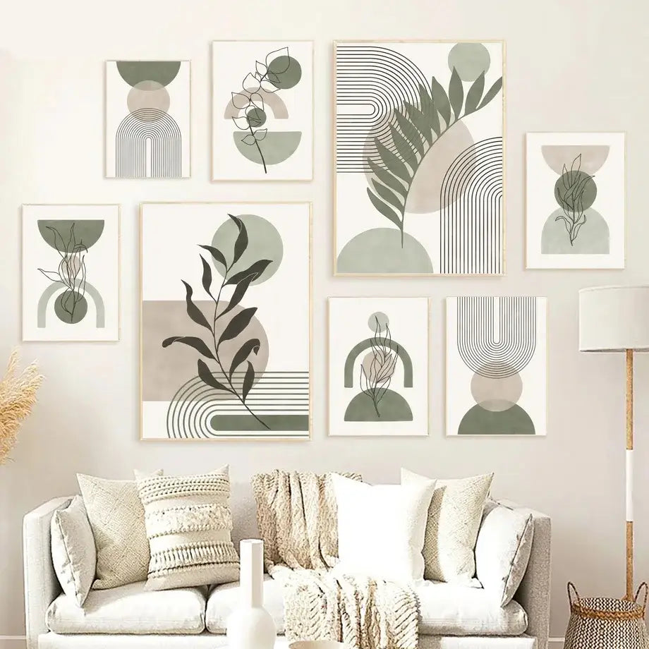 Set of eight DecorBites™ abstract geometric leaves vintage boho wall art prints in muted green beige and black tones