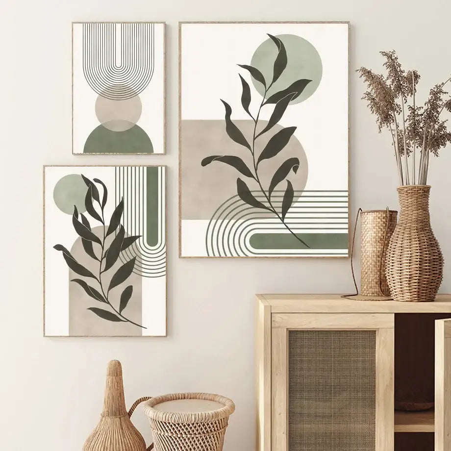 Three framed abstract geometric leaves vintage boho canvas wall art prints in muted green beige black and white tones