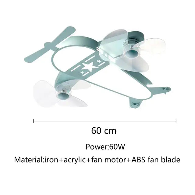 A light blue metallic aircraft ceiling fan with star decals and transparent ABS blades for bedroom decorbites cartoon aircraft