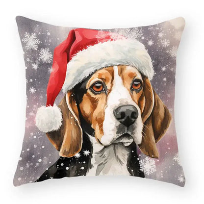 A festive animal christmas pillowcase featuring a beagle in a santa hat on a snowy gray background for decorbites cartoon animal set