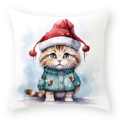 White throw pillow with a watercolor tabby kitten in a red santa hat and green coat for decorbites cartoon animal christmas decor