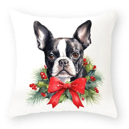 White throw pillow with cartoon animal christmas black and white boston terrier and festive holly decorbites design