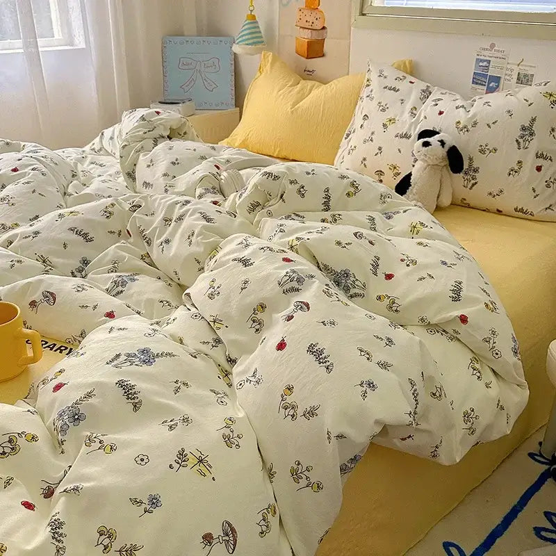 Cream-colored satin quilt cover set with delicate pastel floral and whimsical plant and insect illustrations