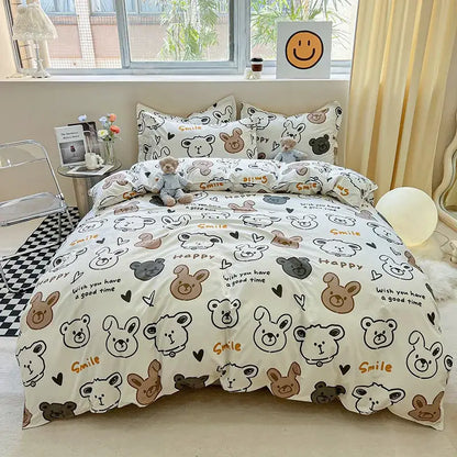 Cute white bedding set with decorbites cartoon animal print of bears and bunnies featuring smile and happy text