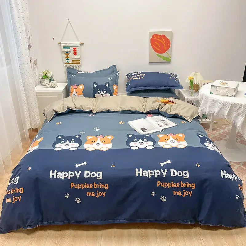 Blue happy dog themed cartoon animal print duvet cover with corgi puppies on soft cotton bedding set decorbites cartoon animal