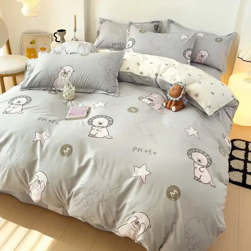 Gray cartoon animal print bedding set with cozy duvet cover featuring lion and star patterns by decorbites cartoon animal