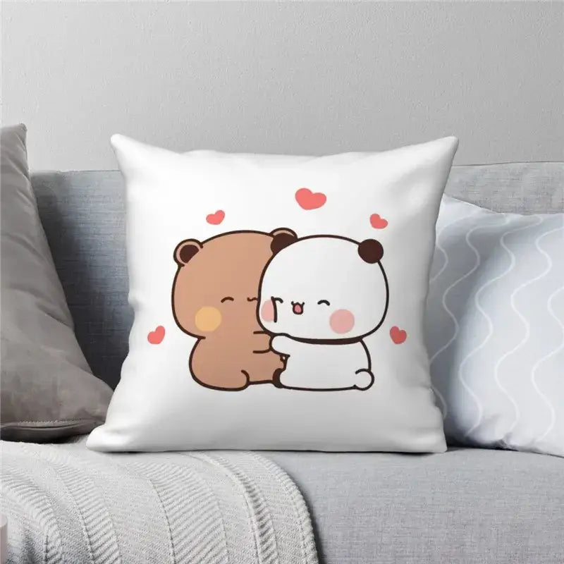 White square decorbites cartoon animal printed pillowcase with brown bear and white panda hugging surrounded by hearts