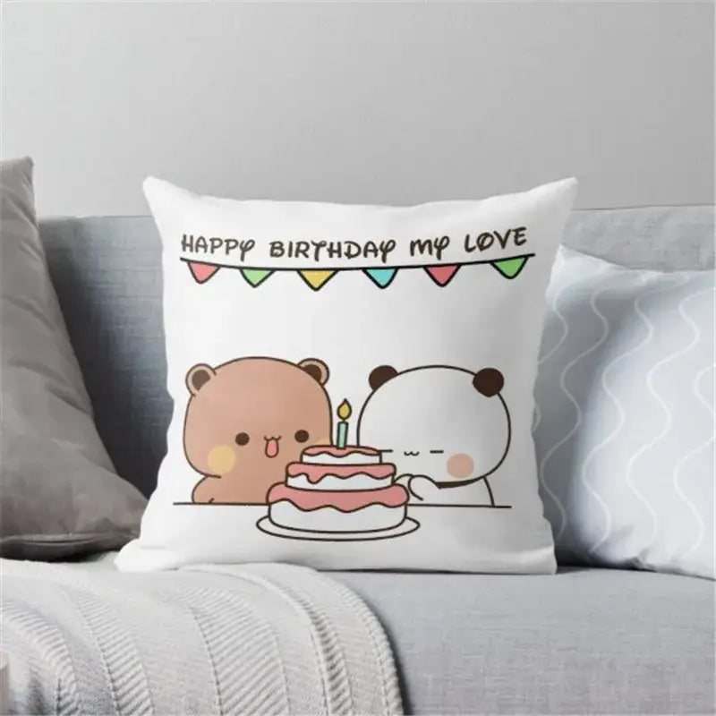 White throw pillow with cartoon animal printed bears celebrating birthday and colorful decorbites cartoon animal design