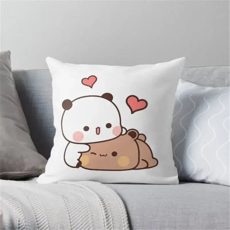White throw pillow featuring a decorbites cartoon animal printed cute panda hugging bear with pink hearts animal printed pillowcase