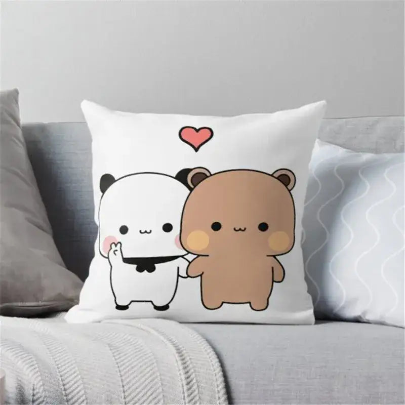 White square pillow with cartoon animal printed kawaii bear design in white and pink for decorbites bedroom decor