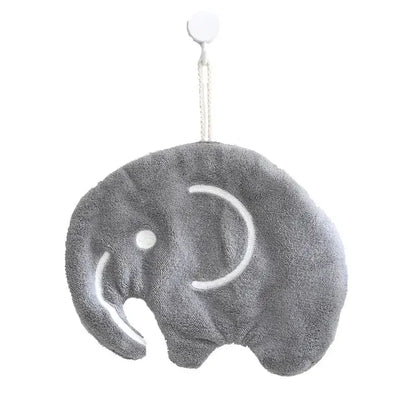 Gray plush elephant-shaped hand towel with white embroidered details coral velvet decorbites cartoon animals decorbites cartoon animals coral