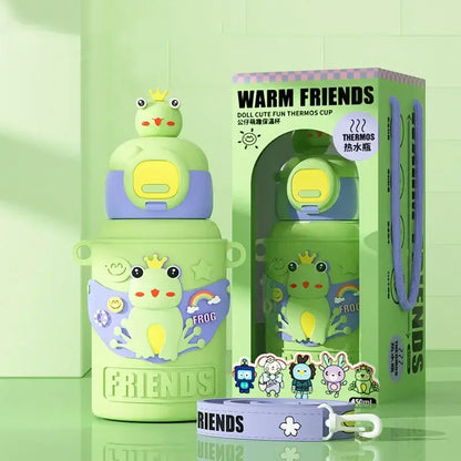 A lime green stainless steel decorbites cartoon animals insulated thermos cup with purple yellow lid and frog design