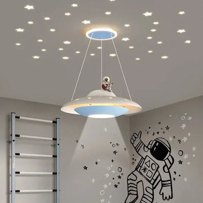 Whimsical white and blue ufo pendant light with astronaut figurine decorbites cartoon astronaut chandelier for bedroom decor