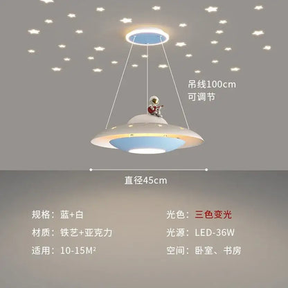 Blue and white metallic pendant light shaped like a ufo with a cartoon astronaut chandelier decorbites design for bedroom