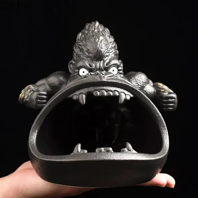Cartoon black gorilla ceramic ashtray with detailed textured fur sharp teeth and white eyes for living room decorbites gorilla ceramic