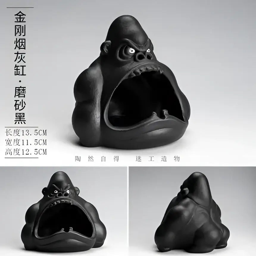 Black ceramic gorilla ceramic ashtray with detailed facial features and wide open mouth for living room decorbites decor