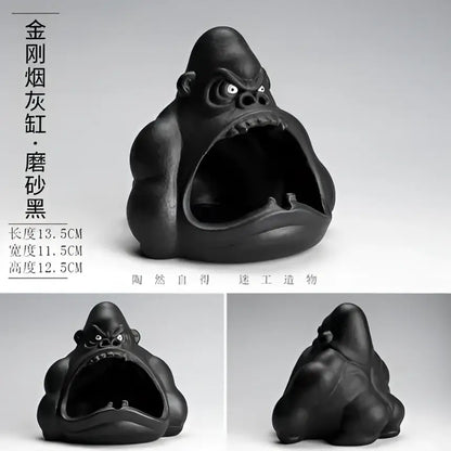Black ceramic gorilla ceramic ashtray with detailed facial features and wide open mouth for living room decorbites decor
