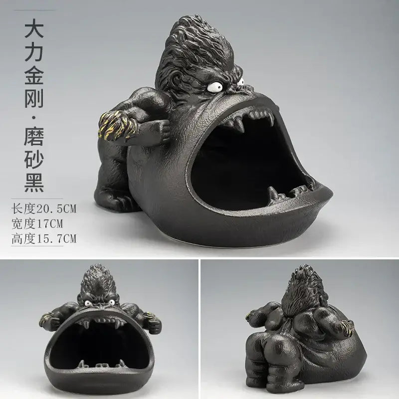 Black ceramic gorilla ceramic ashtray with gold-accented fists and white eyes for living room decorbites gorilla ceramic