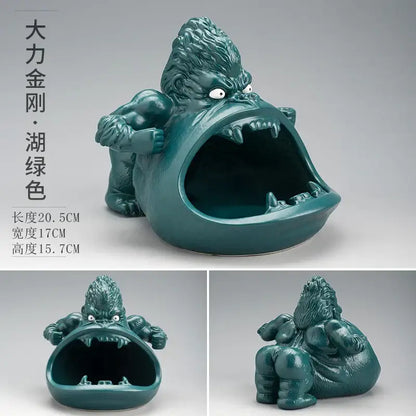 Teal-green ceramic ashtray featuring a roaring gorilla with detailed textured fur from Decorbites gorilla ceramic decor