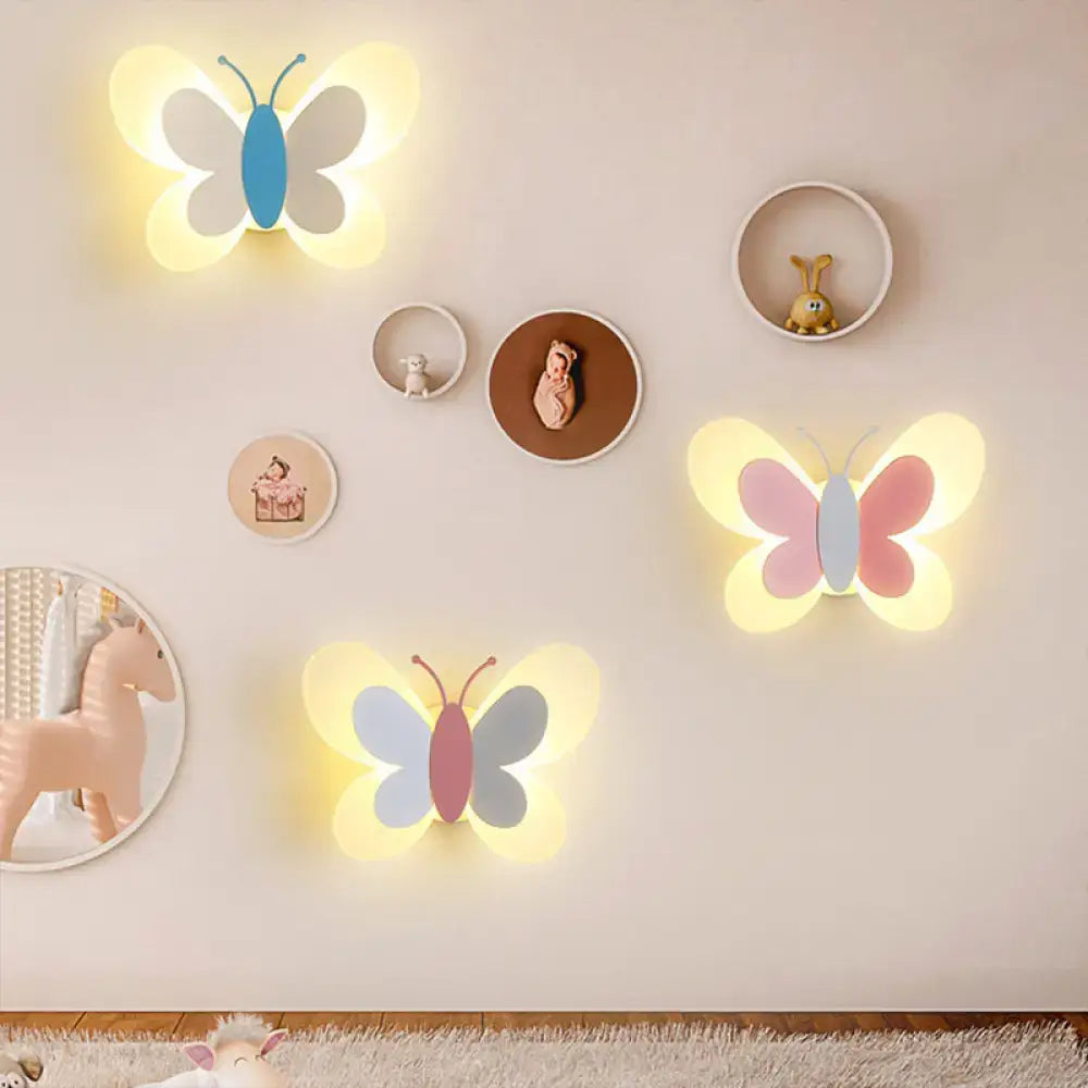 Pastel blue and gray butterfly-shaped led wall light with soft glowing lights for kindergarten decoration