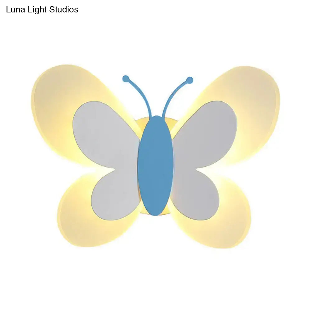Cartoon blue and gray butterfly led wall light with glowing yellow wings designed for kindergarten use