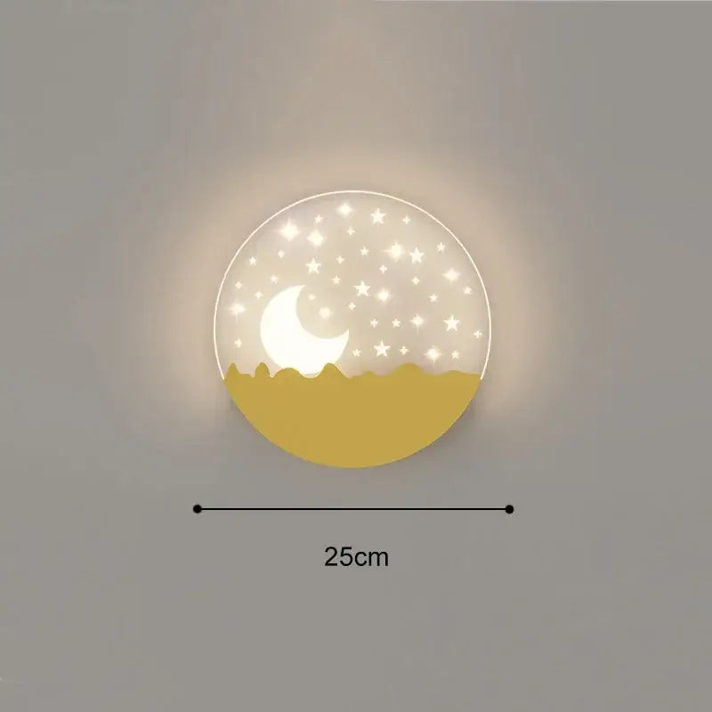 Cartoon wall lamp with circular white translucent upper half featuring stars and moon and golden stylized hills lower half