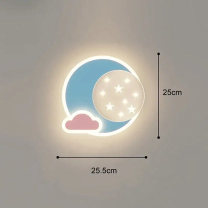 Cute crescent moon and star cartoon wall lamp with soft glow pastel blue sky pink cloud and white stars on frosted glass