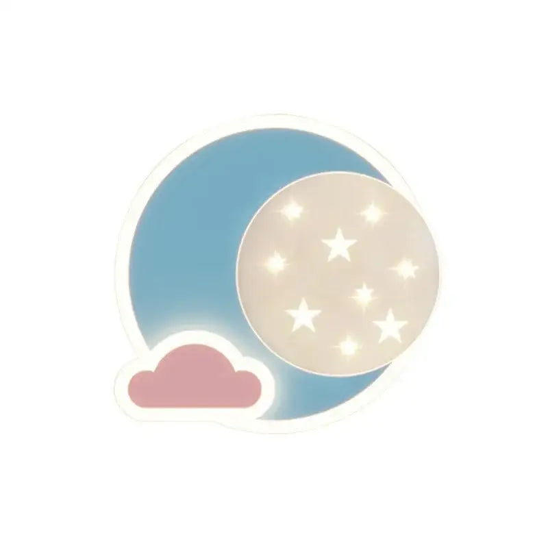Cartoon wall lamp featuring a soft blue crescent moon, glowing beige star sphere, and pink cloud for bedroom decor