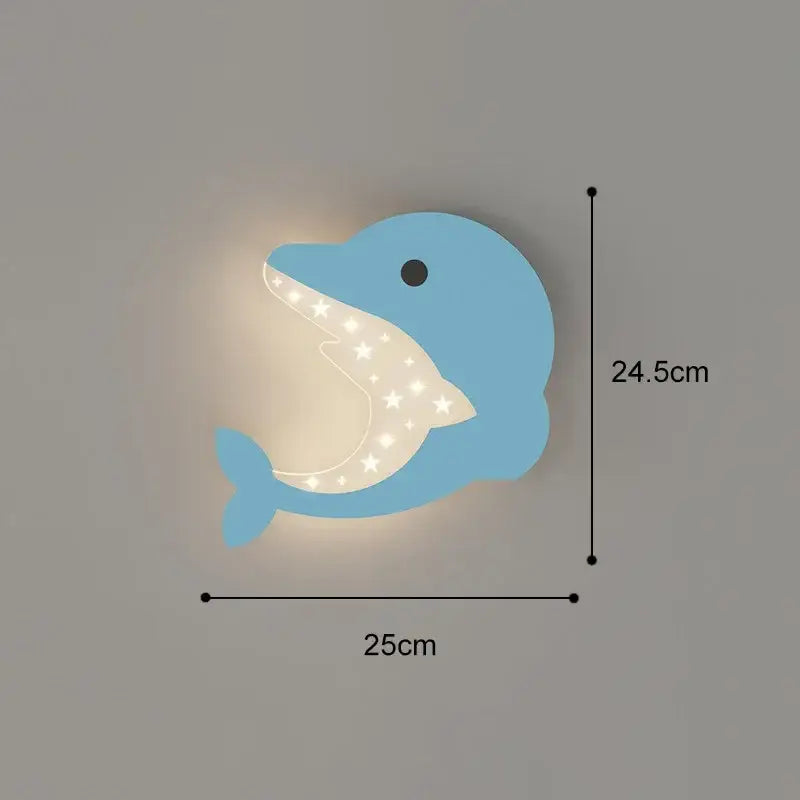 Light blue dolphin cartoon wall lamp with star-patterned interior illumination for bedroom led art decor
