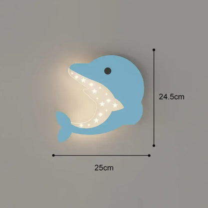 Light blue dolphin cartoon wall lamp with star-patterned interior illumination for bedroom led art decor