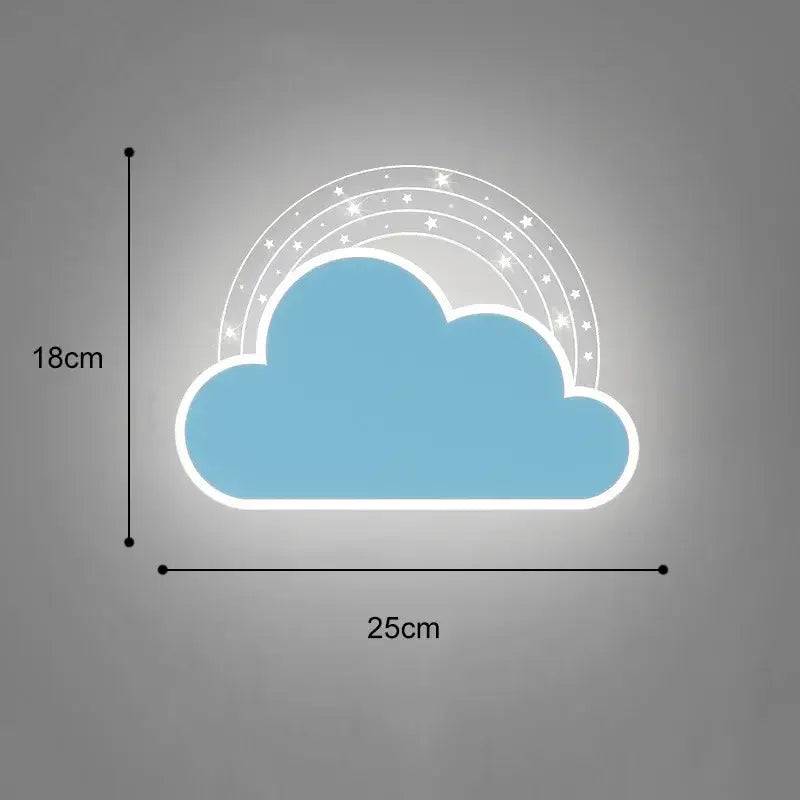 Cartoon wall lamp featuring a soft blue cloud led light with white outline and arched rainbow design with stars