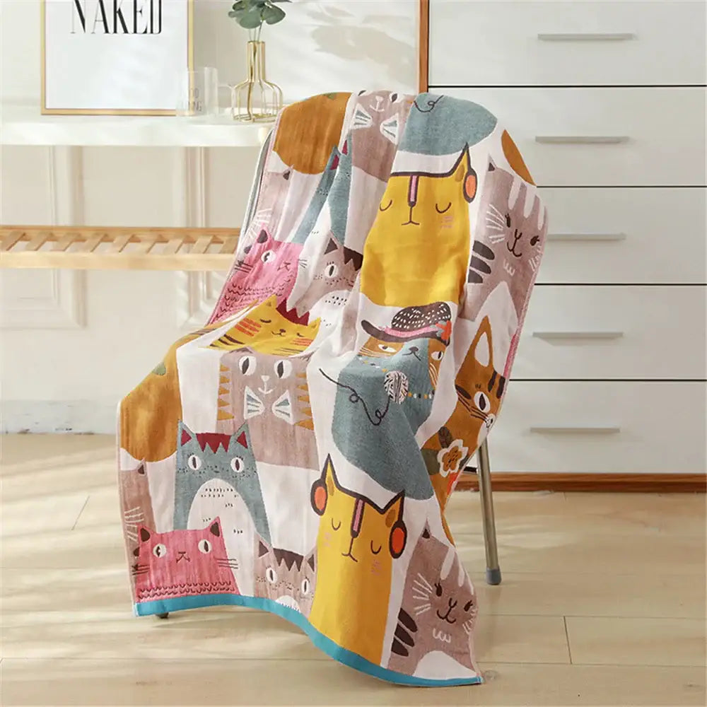 Colorful cartoon cat and rabbit cotton gauze bath towel with pastel tones for bedroom and nursery by decorbites cotton gauze