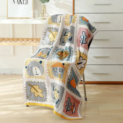 A soft white cotton gauze bath towel with colorful cartoon cat and rabbit patchwork for bedroom and nursery decorbites cotton gauze