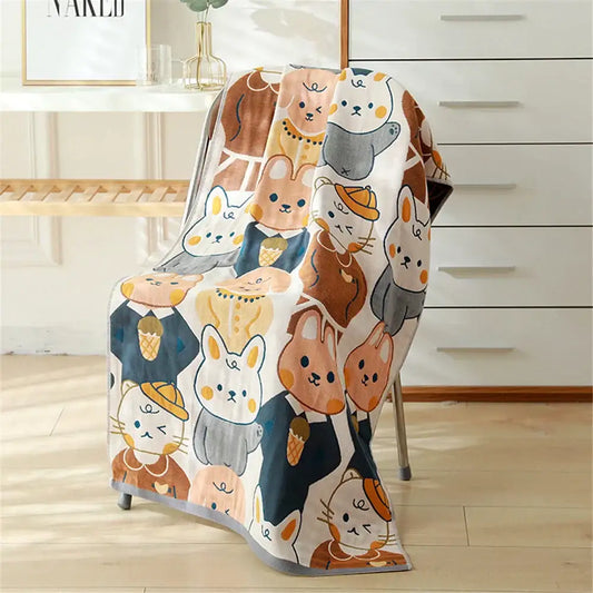 Cozy plush decorbites cotton gauze bath towel with cartoon cats and rabbits in formal attire for bedroom and nursery decor