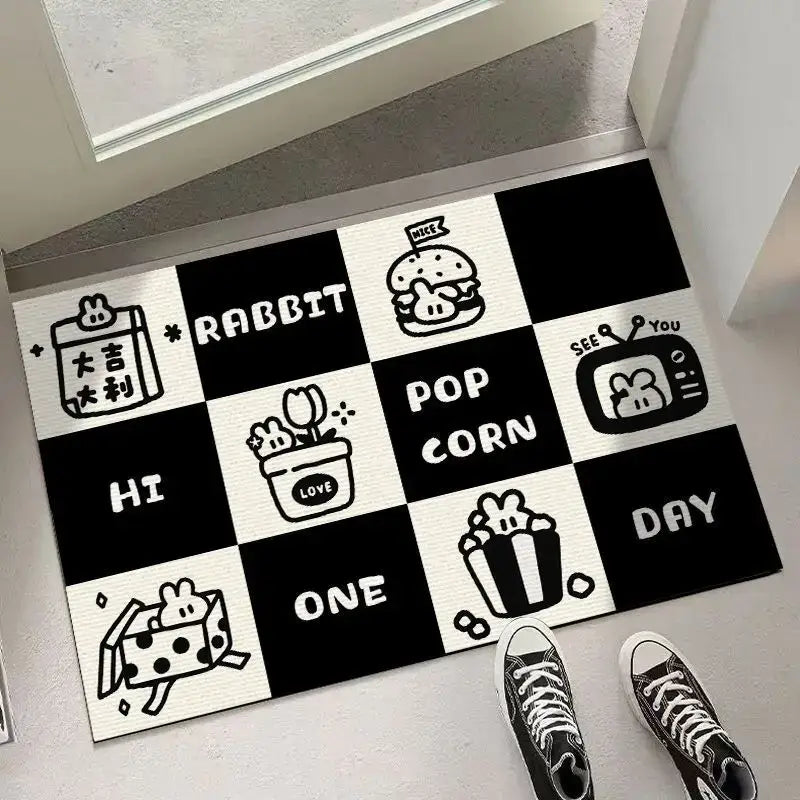 Black and white checkered door mat featuring cartoon illustrations and text ideal for living room decorbites block crystal velvet decor