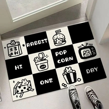 Black and white checkered door mat featuring cartoon illustrations and text ideal for living room decorbites block crystal velvet decor