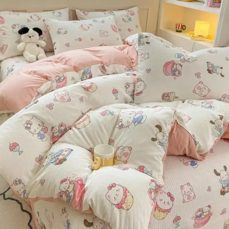 Cute hello kitty-themed cartoon cat floral duvet set in pastel pink and white cotton fabric with plush characters