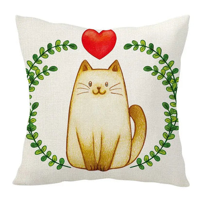 Cream-colored cartoon cat linen cushion with red heart and green leafy wreath by decorbites for living room decor