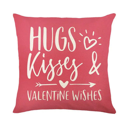 A vibrant coral cartoon cat linen throw pillow with white embroidered valentine wishes decorbites cartoon cat design